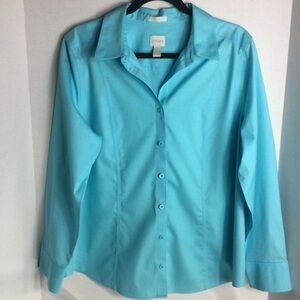 Chico's No Iron Turquoise Blue Button Up Long Sleeve Blouse  Sz 2 Medium (12-14)